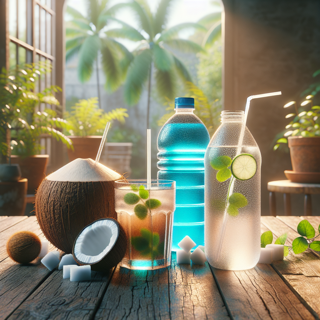 A setup of rehydration drinks including coconut water, a sports drink, and homemade electrolyte solution on a wooden table.
