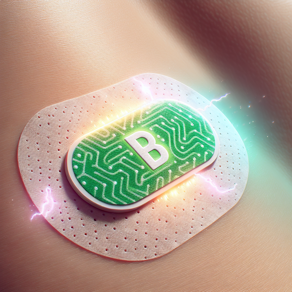A B1 vitamin patch on skin with glowing energy waves.