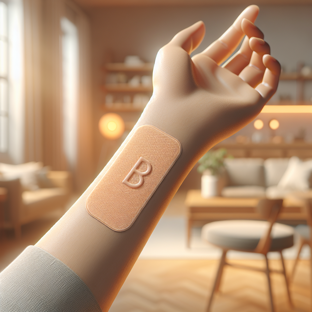 A B1 vitamin patch applied to a person's arm in a cozy indoor setting.