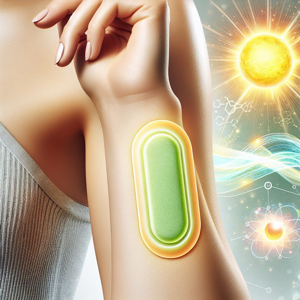 A close-up of a B1 vitamin patch for energy on a human arm.