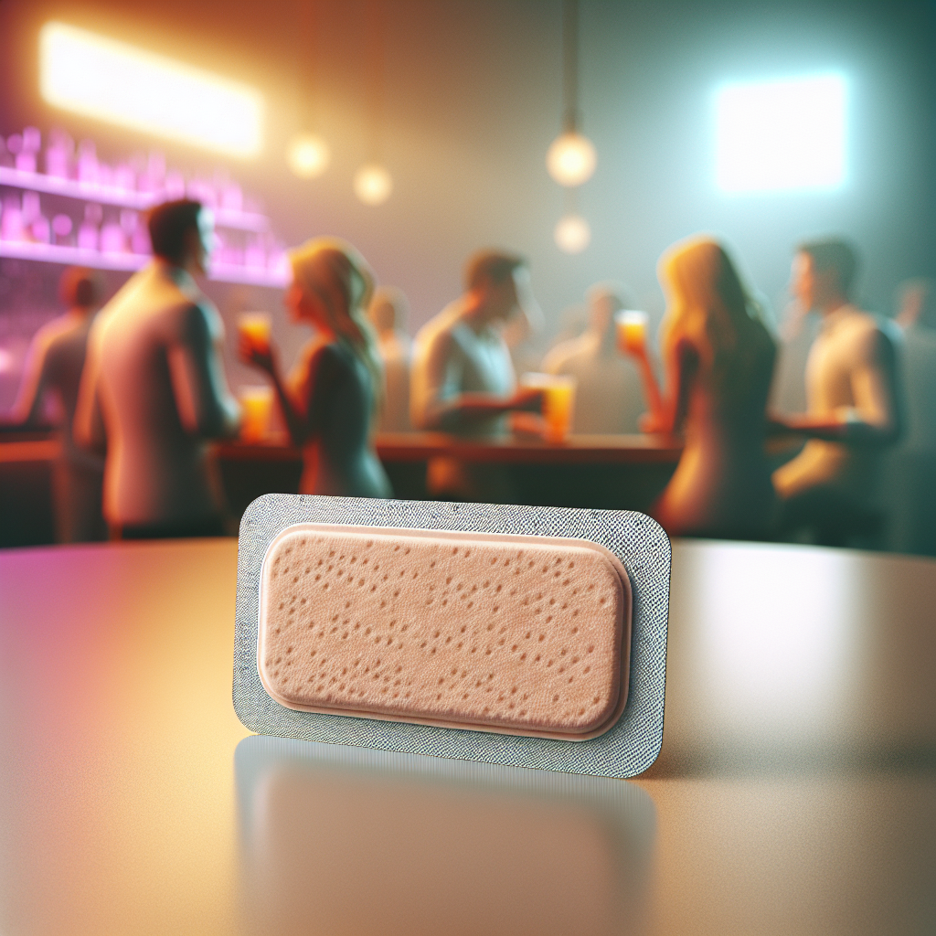 No More Hangovers Vitamin Patch on a surface with a bar setting in the background.