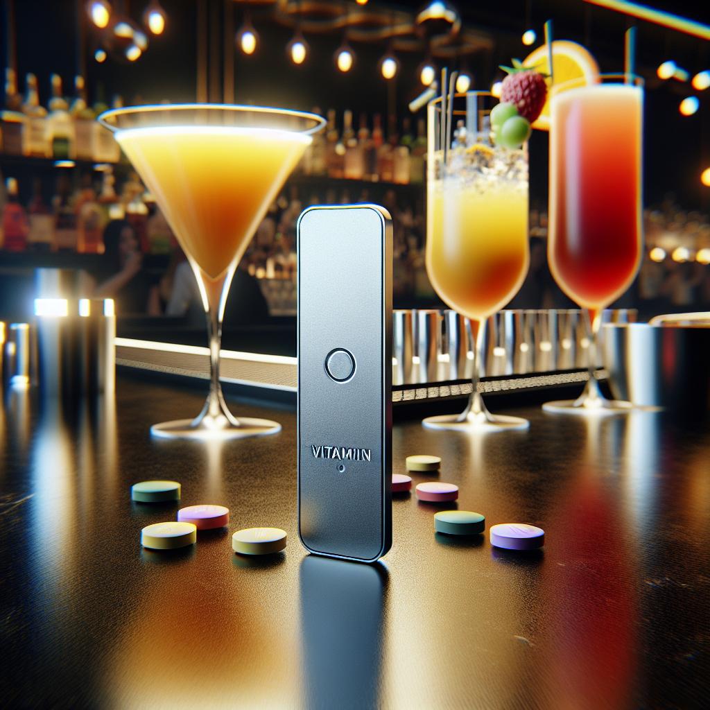 A vitamin patch on a bar countertop surrounded by stylish cocktail glasses.