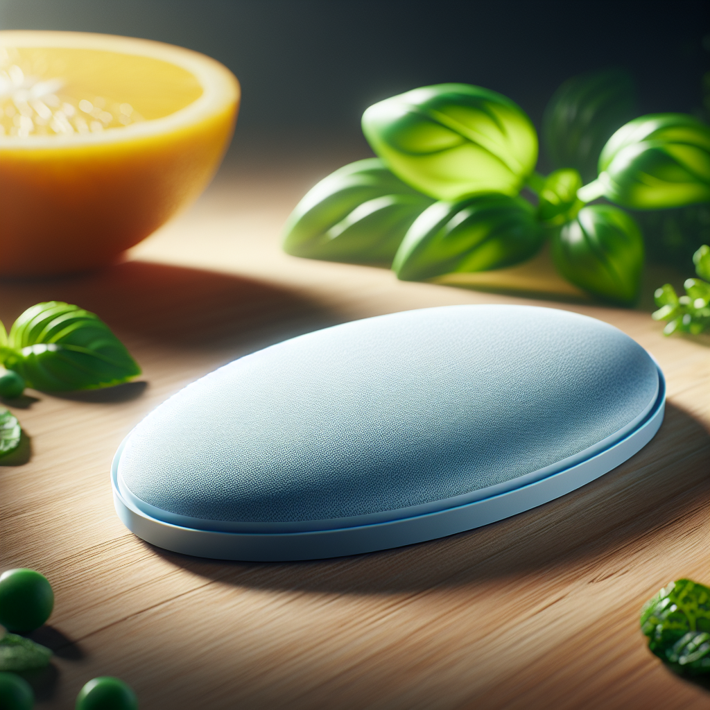 A vitamin patch surrounded by fresh herbs and citrus slices on a wooden table.