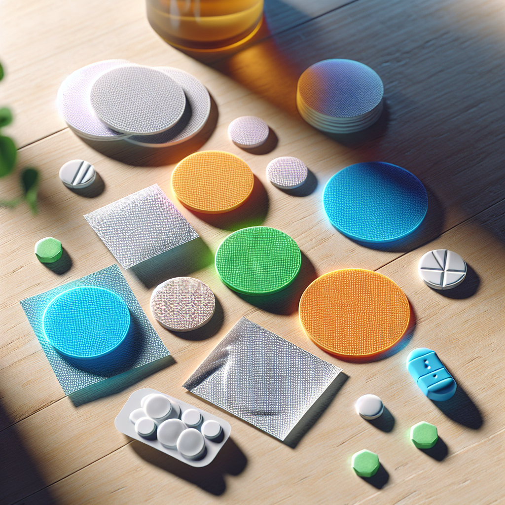 An assortment of colorful detox patches on a wooden background.