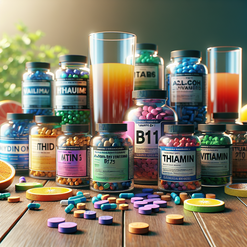 Assortment of alcohol detox supplements on a wooden table with a glass of water and citrus fruits.