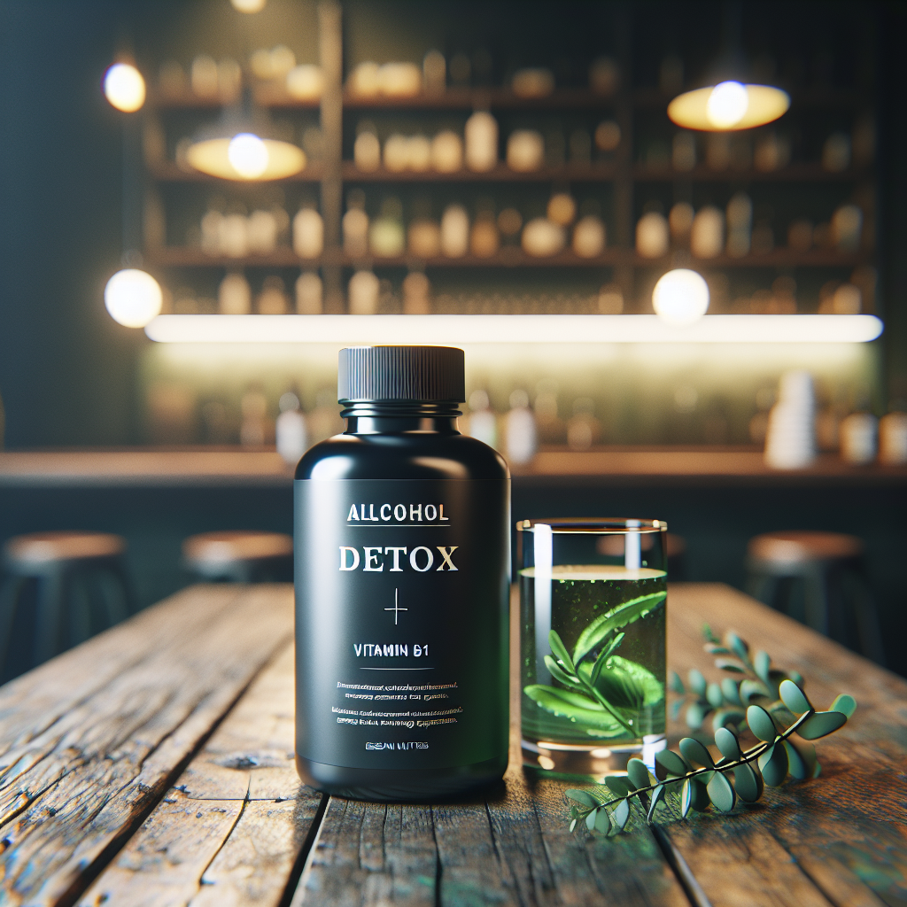 A bottle of alcohol detox supplements on a wooden table with a glass of green hydration fluid.
