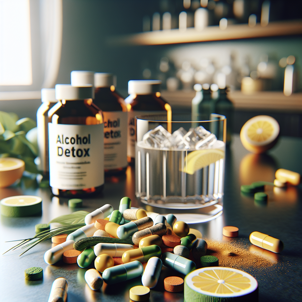 A variety of colorful alcohol detox supplements on a kitchen counter.