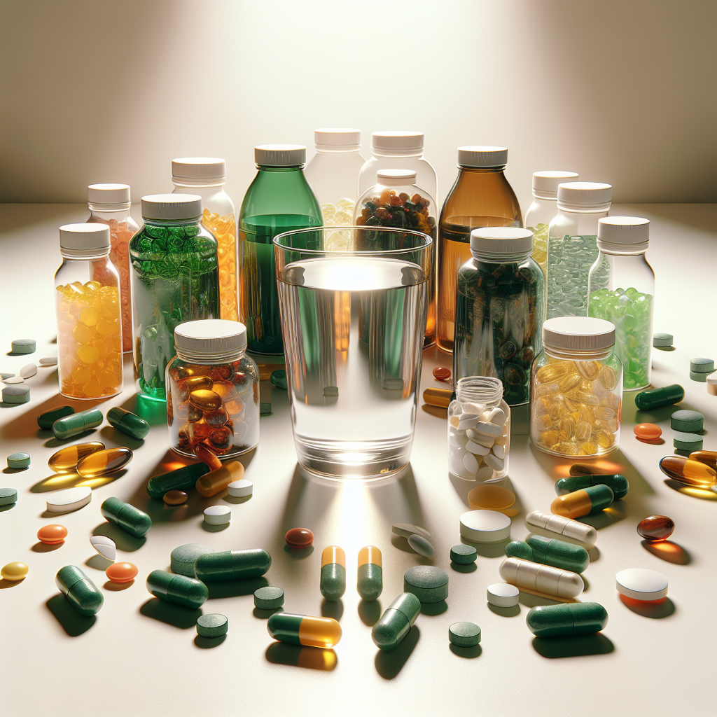 An elegant flat lay of alcohol detox supplements next to a glass of water.