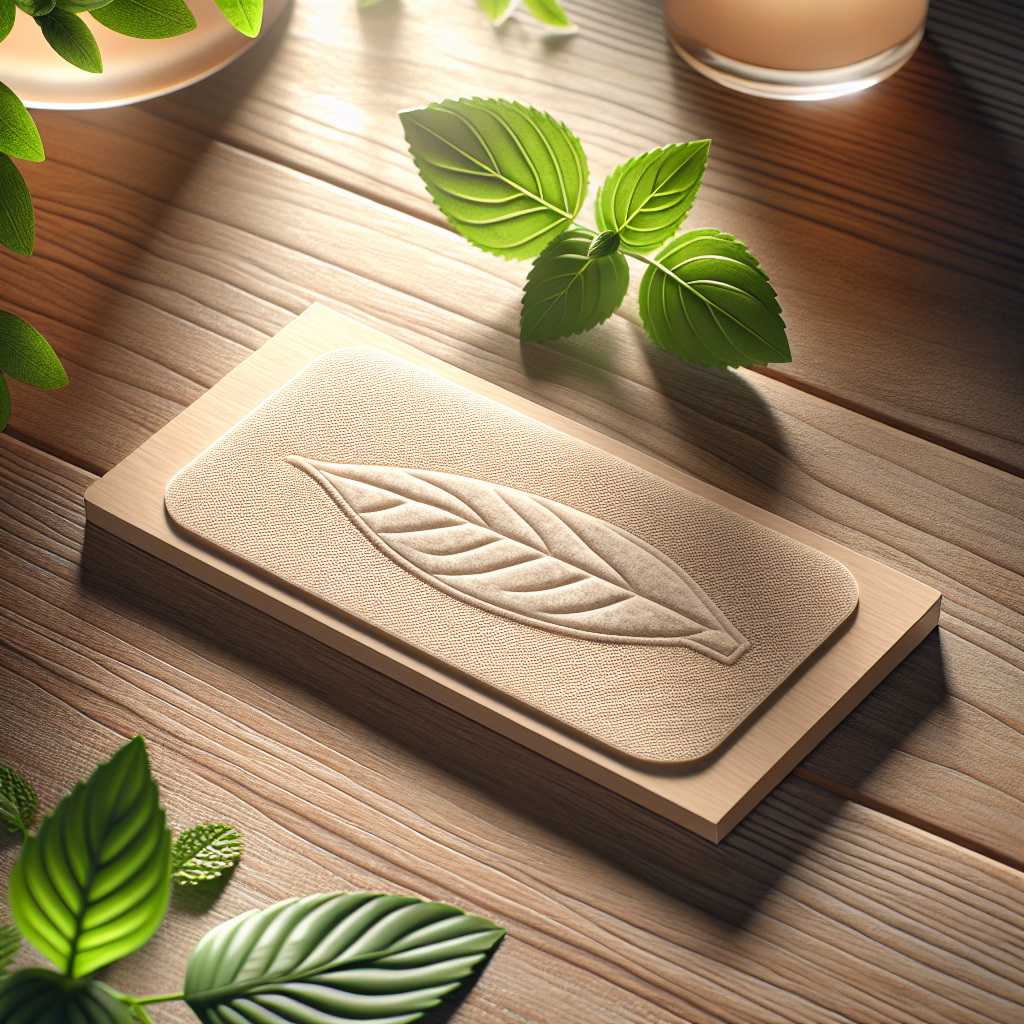 A natural hangover fix patch displayed on a wooden table among green leaves.