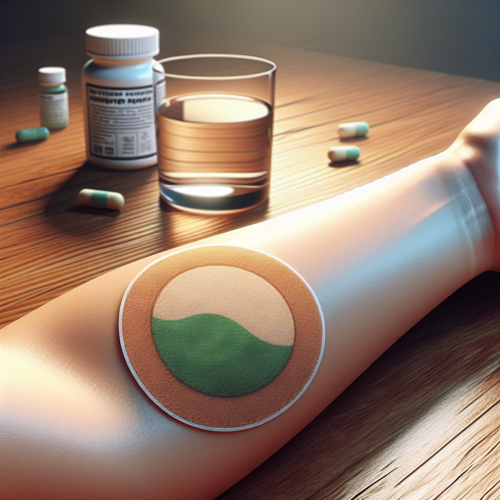 A natural hangover fix patch on a forearm, with hydration elements in the background.