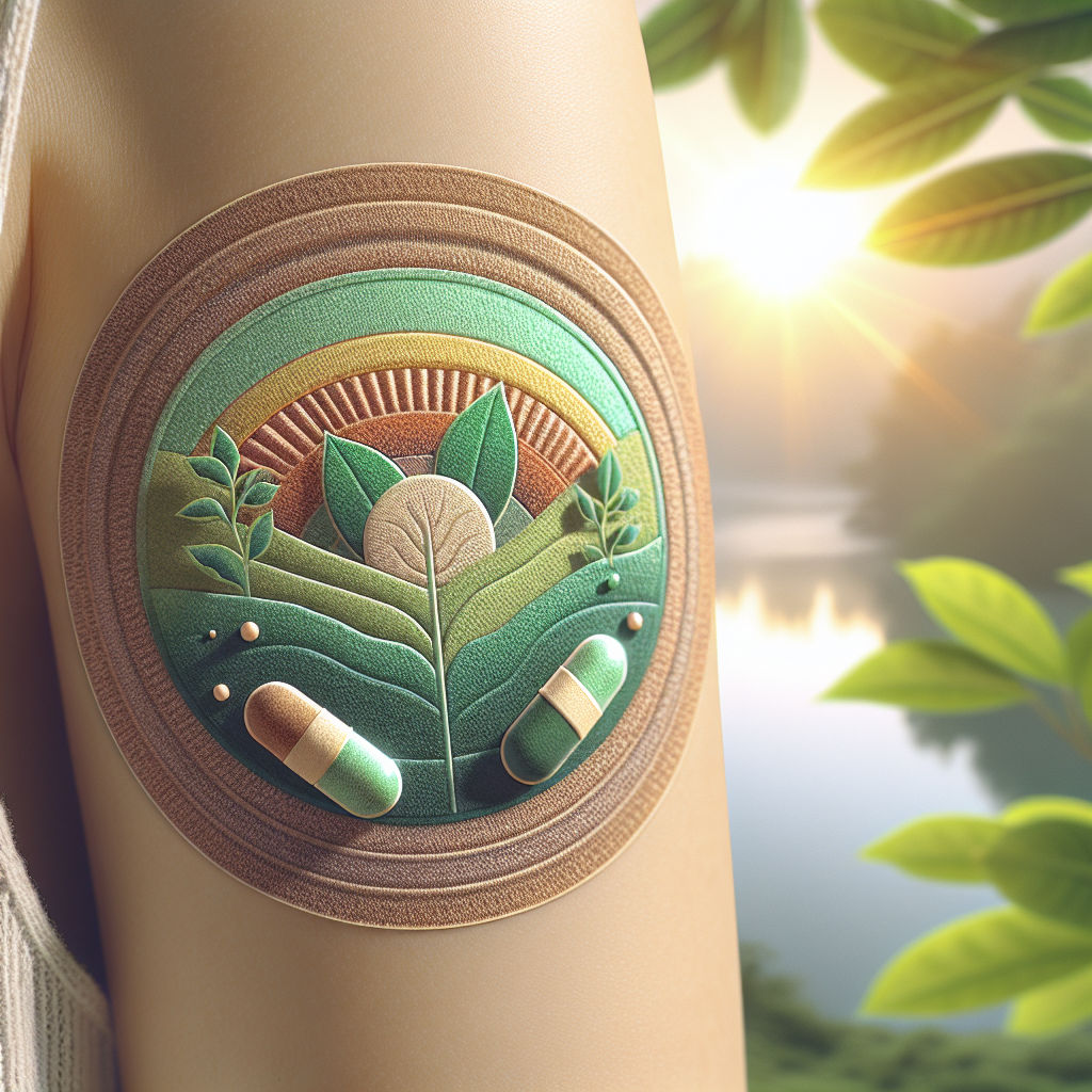 A natural hangover fix patch applied to skin with Vitamin B1 capsules and a serene landscape background.