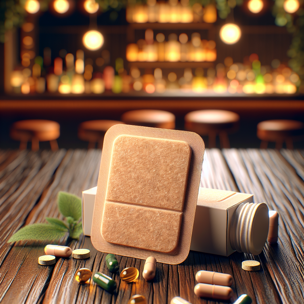 A hangover prevention patch placed on a wooden surface with vitamins and herbs around it.