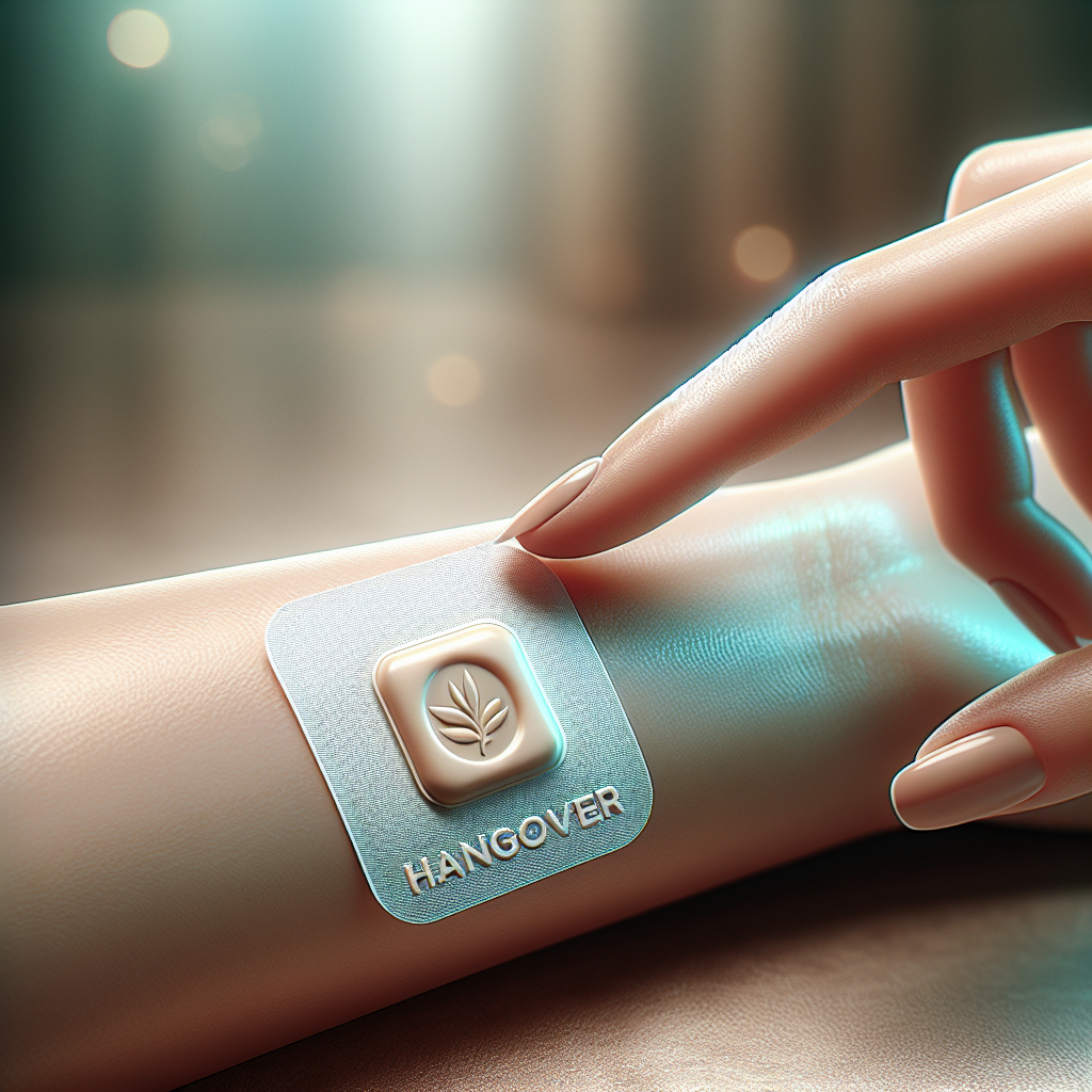 A hand applying a hangover prevention patch on a forearm.