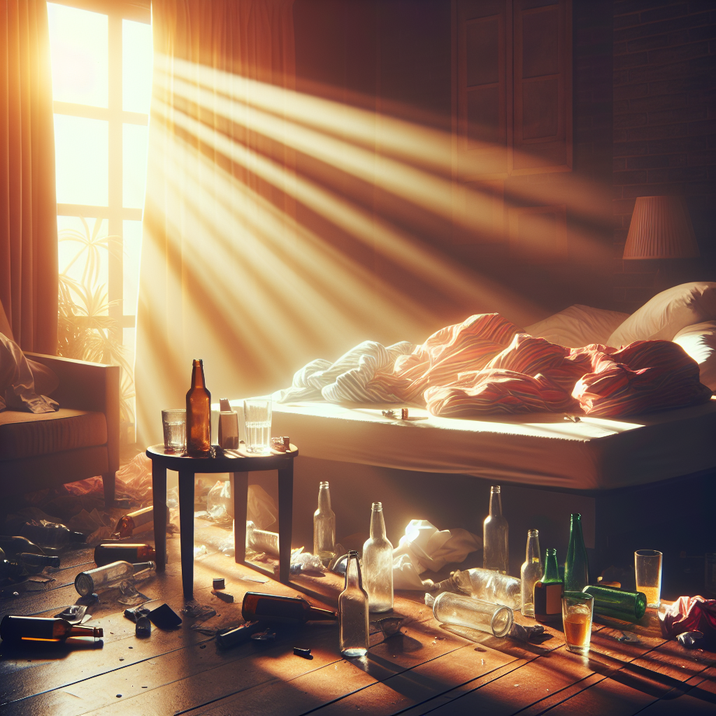 An unmade bed in a messy bedroom with empty bottles and a glass of water, showcasing a hangover aftermath.