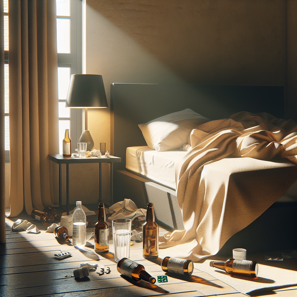 A dimly lit bedroom with an unmade bed, empty bottles, and a glass of water indicating hangover symptoms.