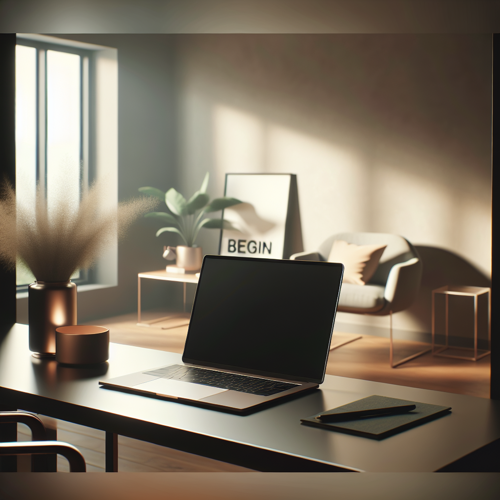 A serene and modern home office setup with a laptop, a plant on a minimalist desk, soft natural light, and motivational decor with no visible text.