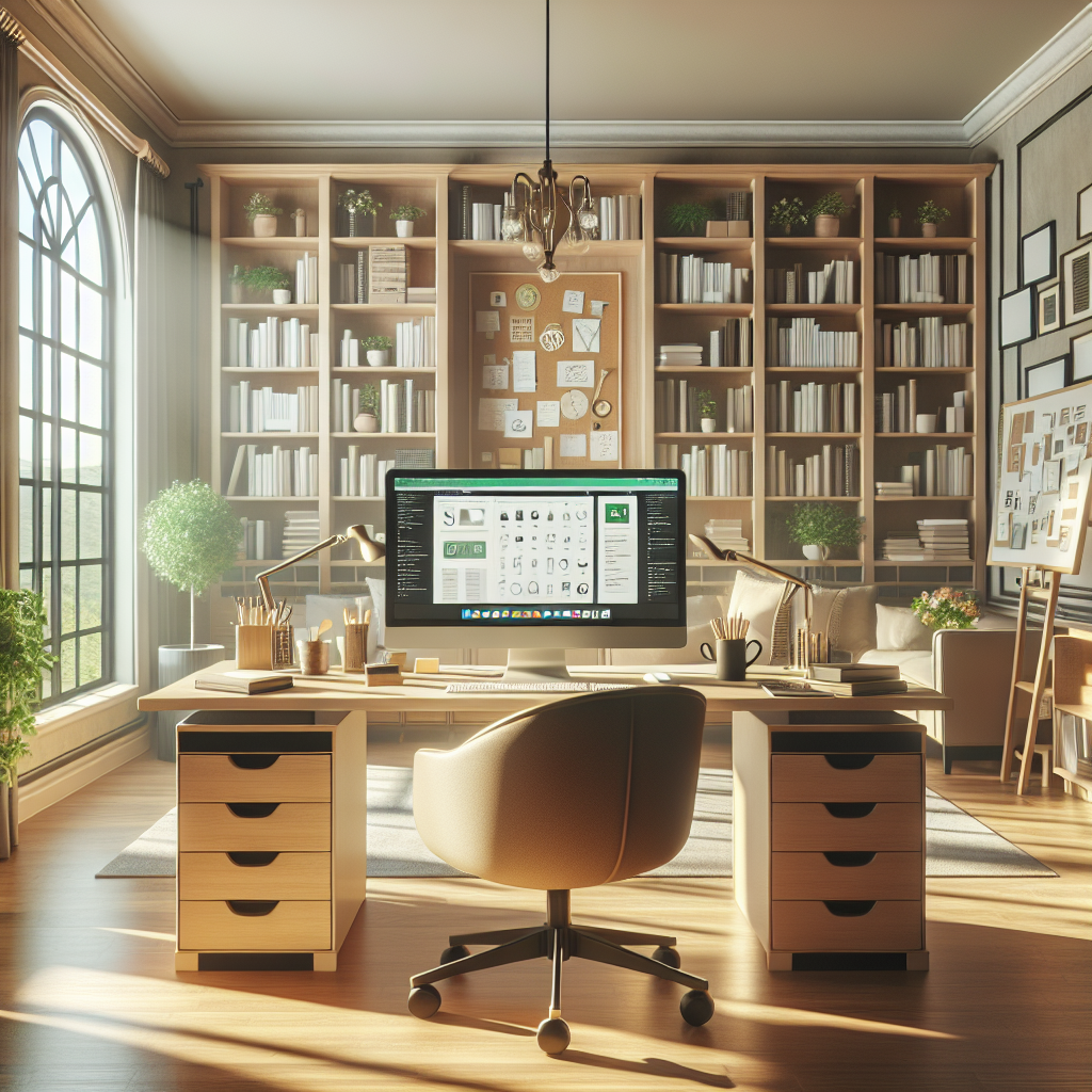 Modern home office with computer, bookshelves and plants, filled with sunlight, symbolizing the potential of earning online without any text.