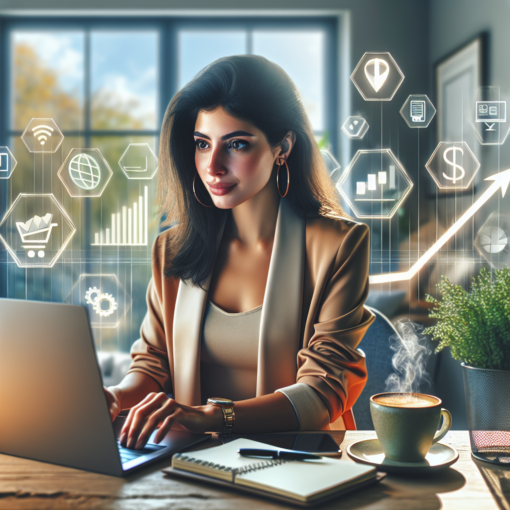 A person engaged in work at a modern home office with symbols of online earning methods, facing a laptop showing a growth graph, surrounded by a positive and inviting atmosphere.