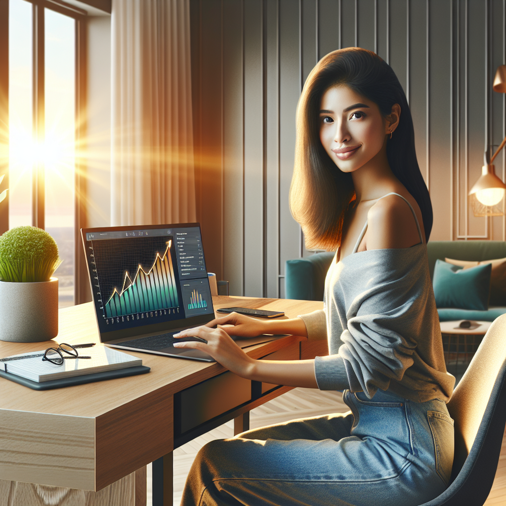 Young adult at a desk with a laptop showing a growth graph, by a window with a sunrise view, symbolizing new beginnings in online earning.