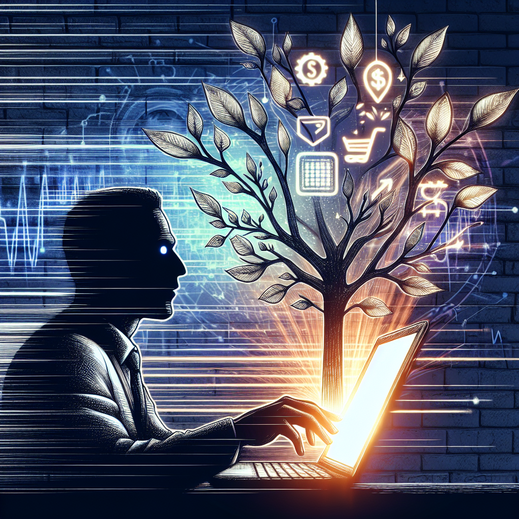 A person working on a laptop with a digital tree growing from the screen, symbolizing the growth of online businesses, without any visible text or branding.