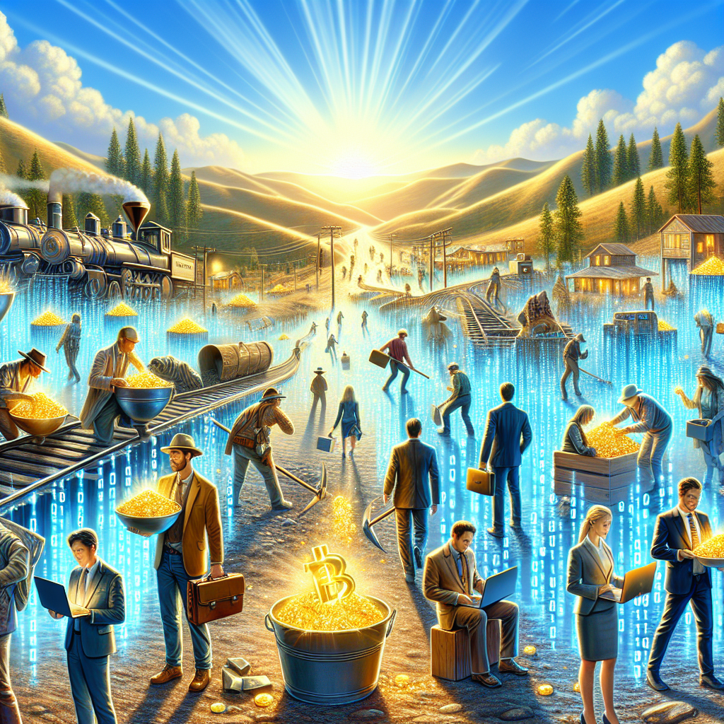 Digital landscape representing the 21st century gold rush with entrepreneurs mining for golden bitcoins using digital devices in a vibrant, optimistic setting.