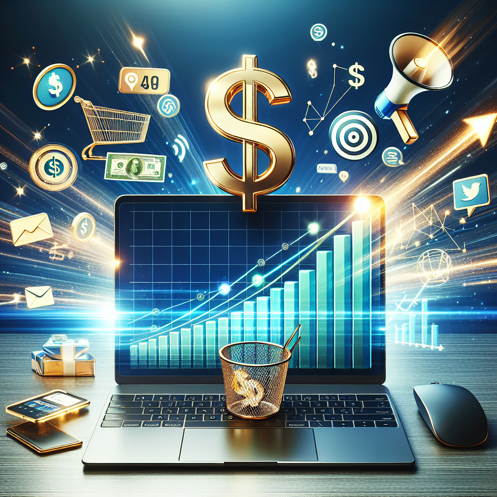 Modern laptop on a desk with various icons representing online money-making concepts like a golden dollar sign and a shopping cart, with an upward trend bar chart and marketing elements in a well-lit, optimistic setting.