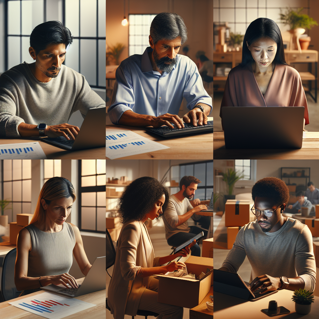 A group of individuals engaging in various online money-earning activities in a modern, well-lit home office.