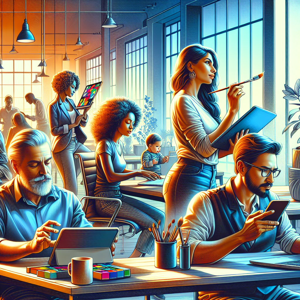 A realistic image of a diverse group of professionals in a modern shared workspace using digital devices, symbolizing the potential of online earning.