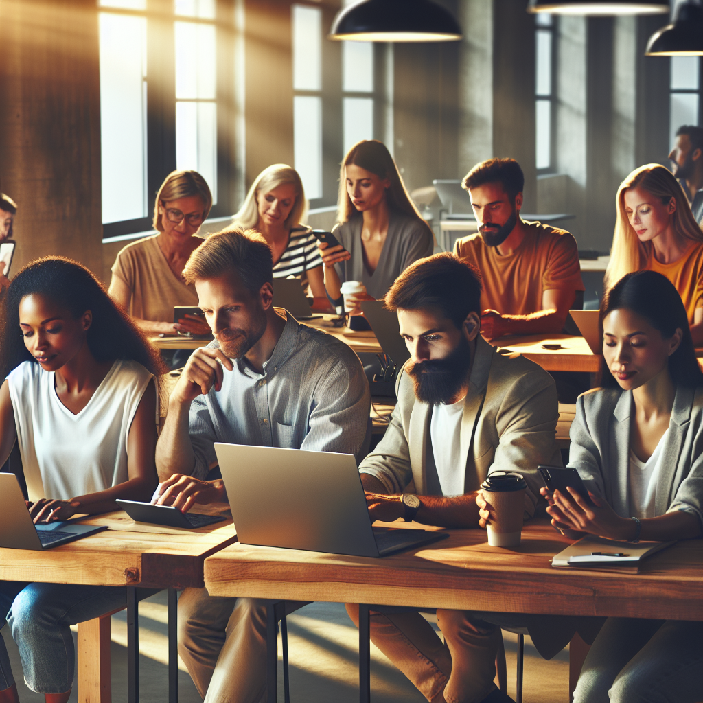 Diverse group of people working together in a moden, well-lit coworking space, engaging in various online work activities.