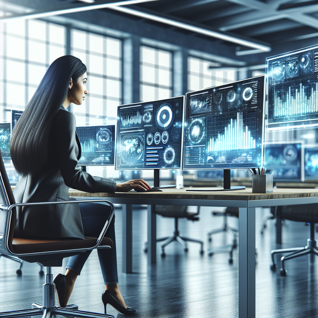 A person focused on work in a modern office setting with multiple screens showing graphs and statistics, symbolizing online income strategies.