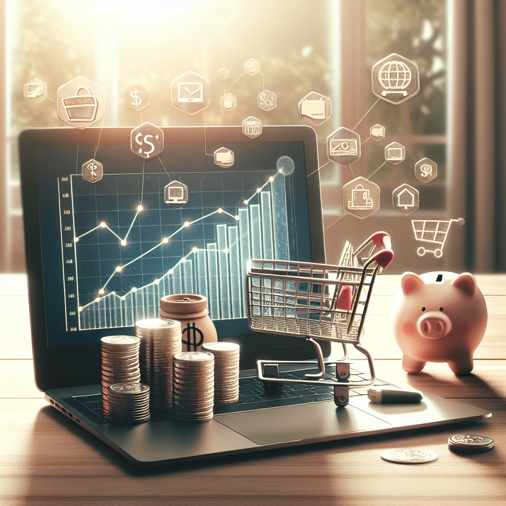 An open laptop on a desk with symbols of online income strategies and a growth graph on the screen, in a softly lit home office setting.