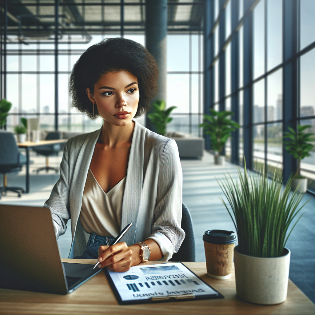 A person at a modern desk in a bright office, working on a laptop with a cityscape view, illustrating online income strategies.