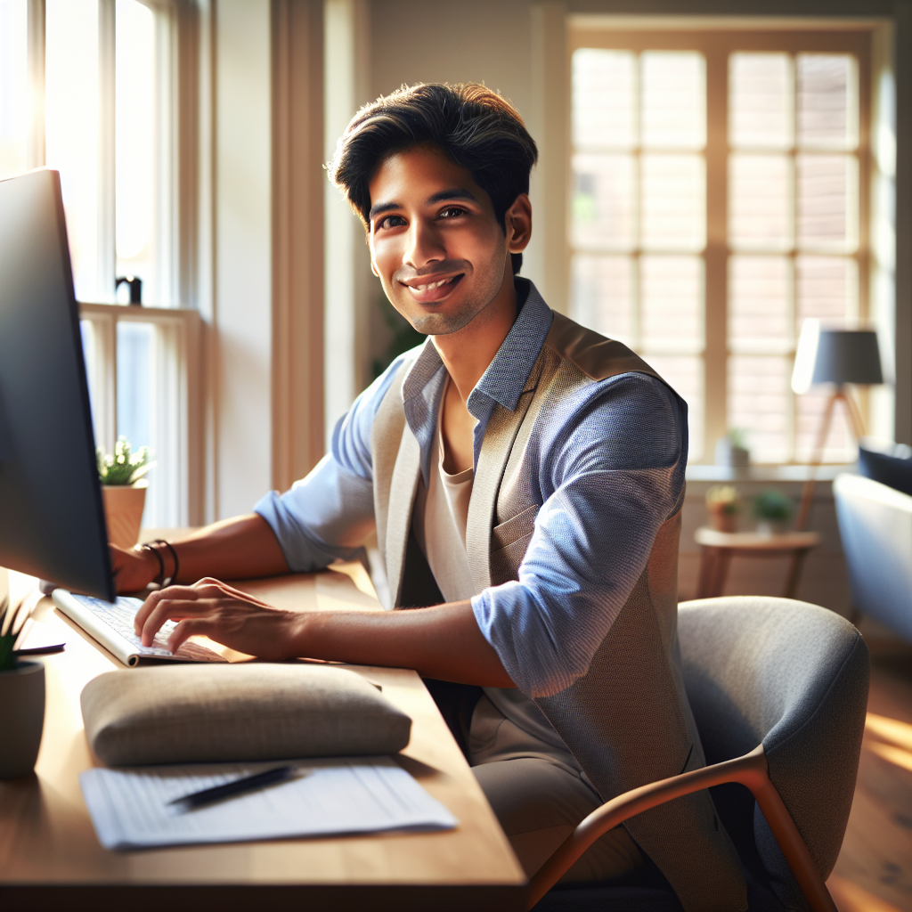 A person in a cozy home office space working on a computer, with natural lighting and a serene vibe, symbolizing the comfort of earning money from home.