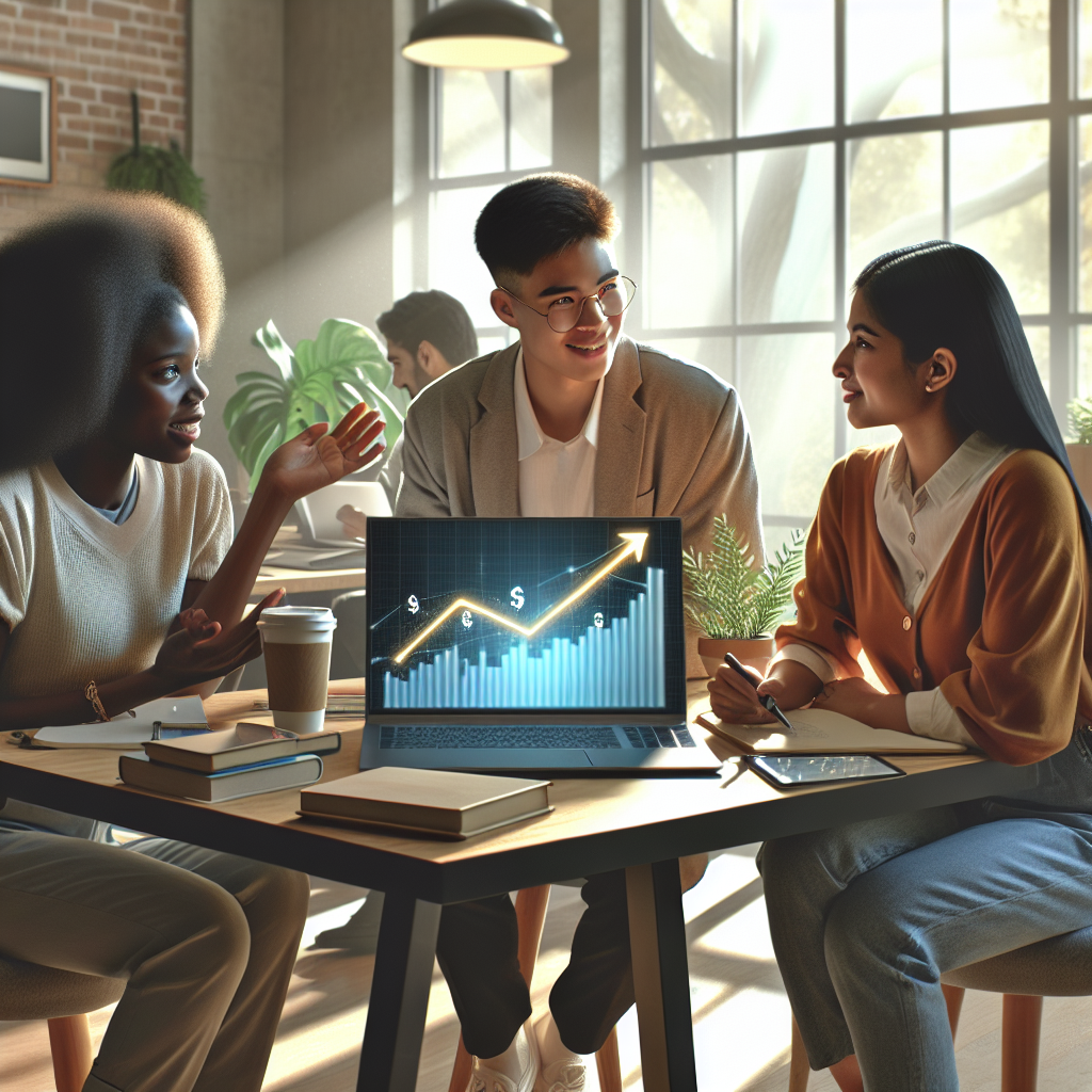 A diverse group of professionals around a laptop with a growth graph, in a co-working space, symbolizing quick money-making strategies.