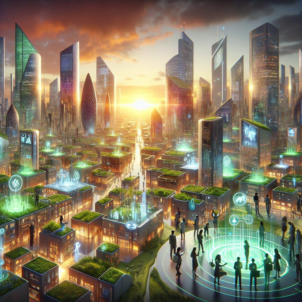 Futuristic digital cityscape representing the thriving online side hustle ecosystem in 2024, filled with individuals utilizing technology.