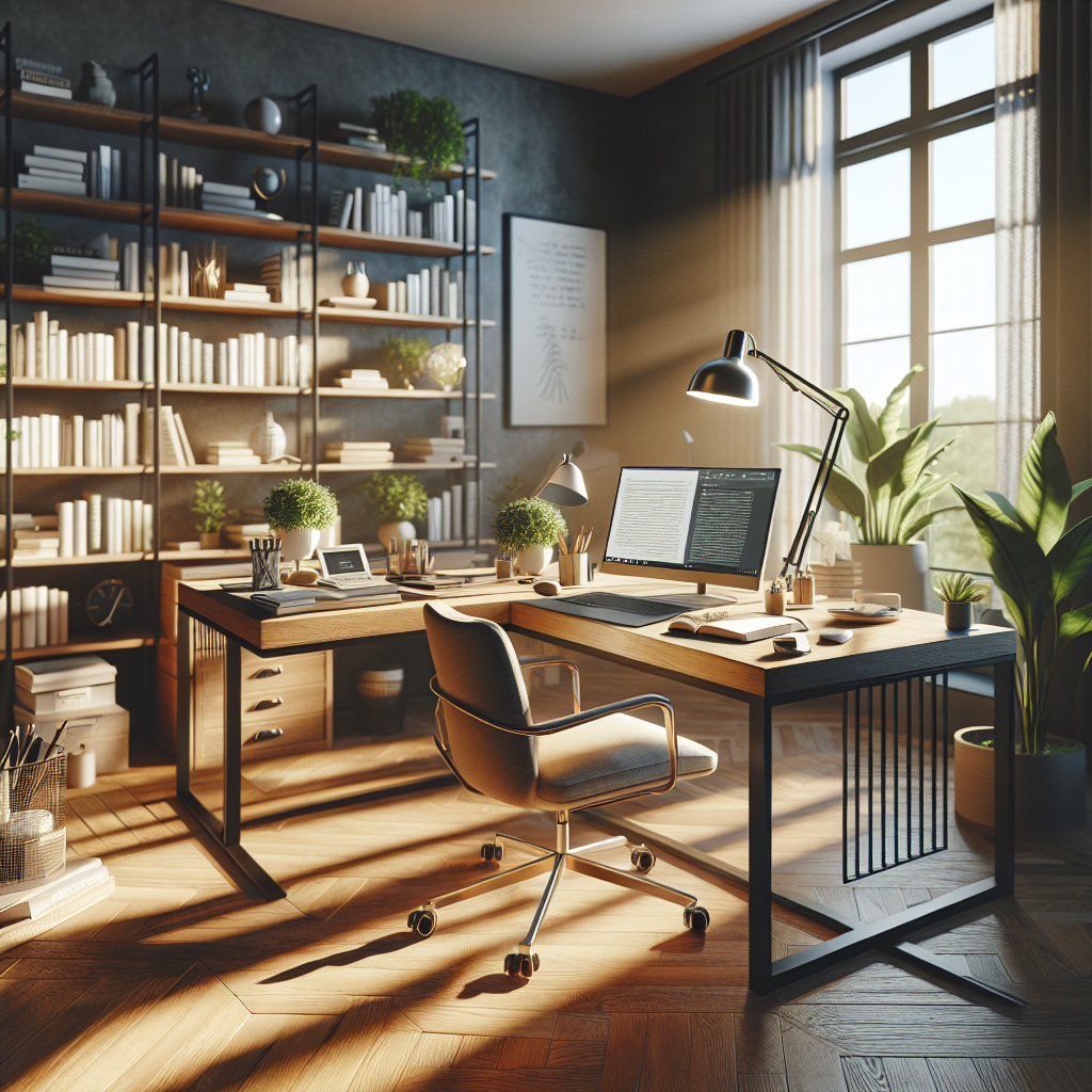 Cozy and modern home office space symbolizing comfort and financial growth, with a laptop, notebook, desk lamp, bookshelves, and a serene suburban view outside the window.