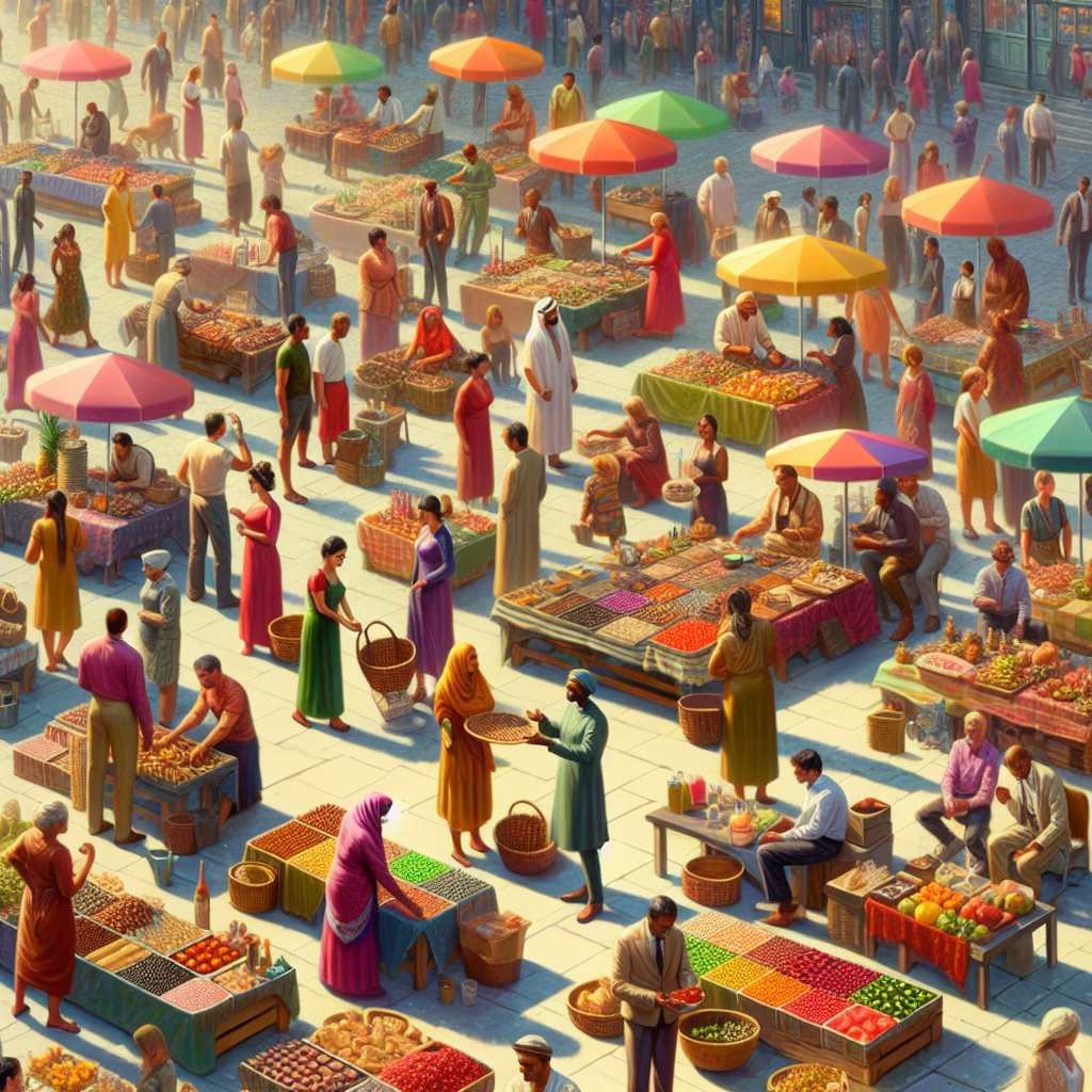 A realistic, vibrant outdoor market scene with diverse people engaging in various transactions.