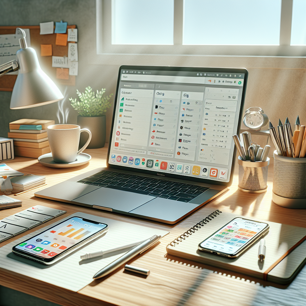 Home office desk with gig economy tools, a bright and organized productive workspace.