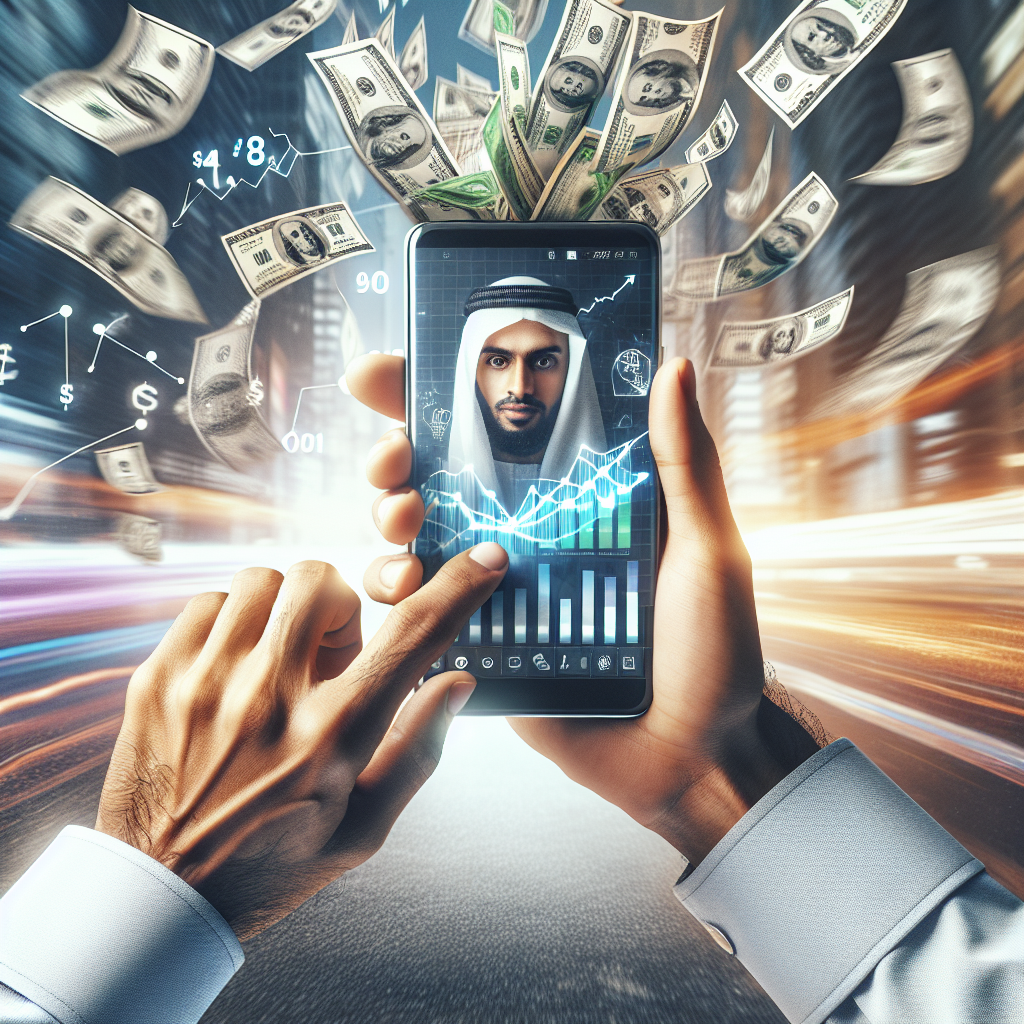 Hand holding a smartphone with financial graphs surrounded by floating cash in a blurred city background.