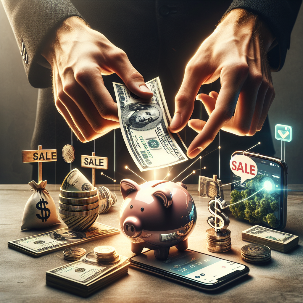 Hands counting dollar bills surrounded by a piggy bank, sale sign, and a smartphone with a gig economy app, all representing fast cash solutions.