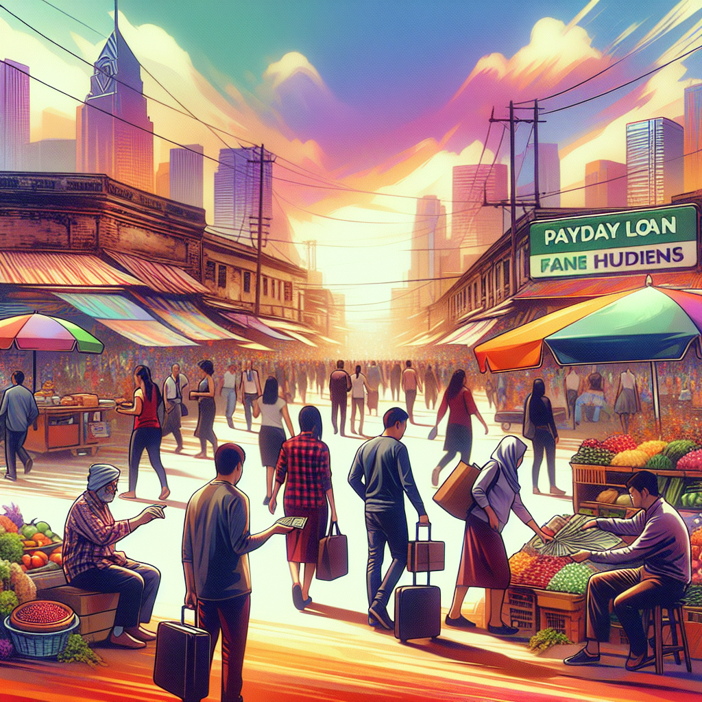 A bustling city market depicting different fast cash solutions with a payday loan store in the background, conveying the energy of urban life and the concept of financial decisions.