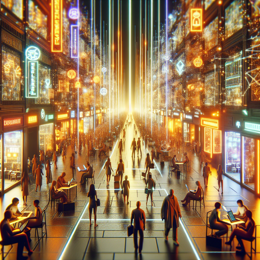 A bustling digital market space representing various online income streams, with avatars interacting and trading in a glowing, futuristic environment.