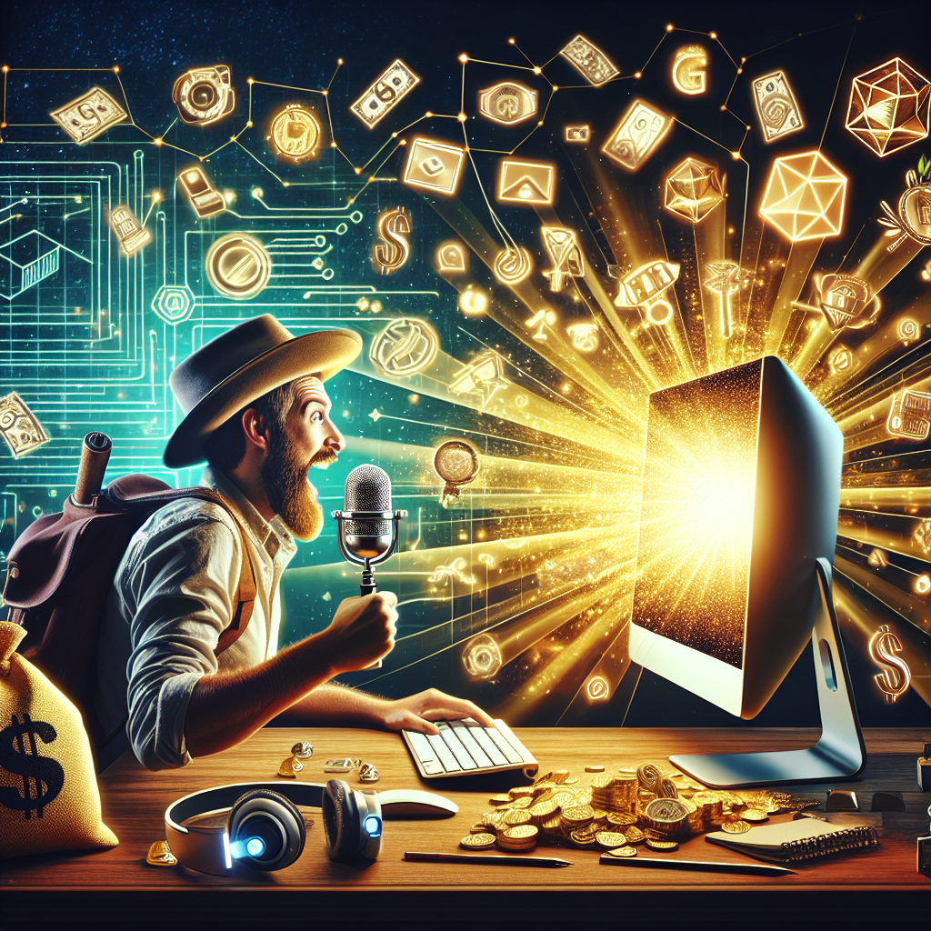 Modern-day explorer with digital icons symbolizing online income opportunities, engaging eagerly with a glowing computer screen, surrounded by tools of digital trade.