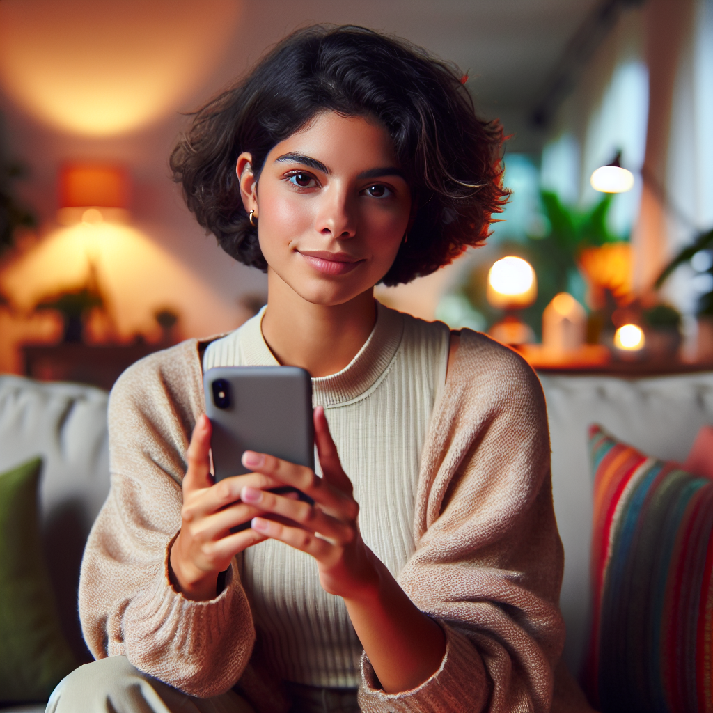 A young adult using a smartphone in a cozy home environment, representing mobile earning potential.