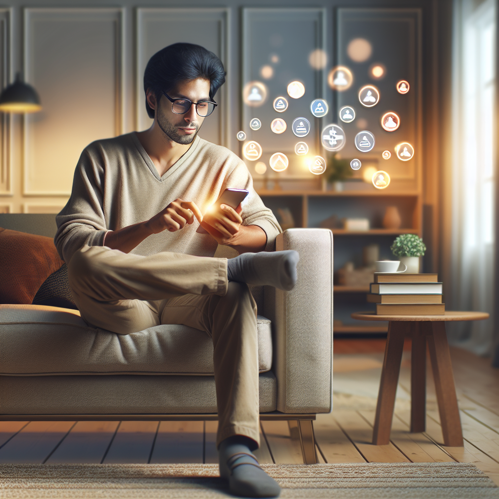 A realistic depiction of a person using their smartphone in a cozy, modern home.