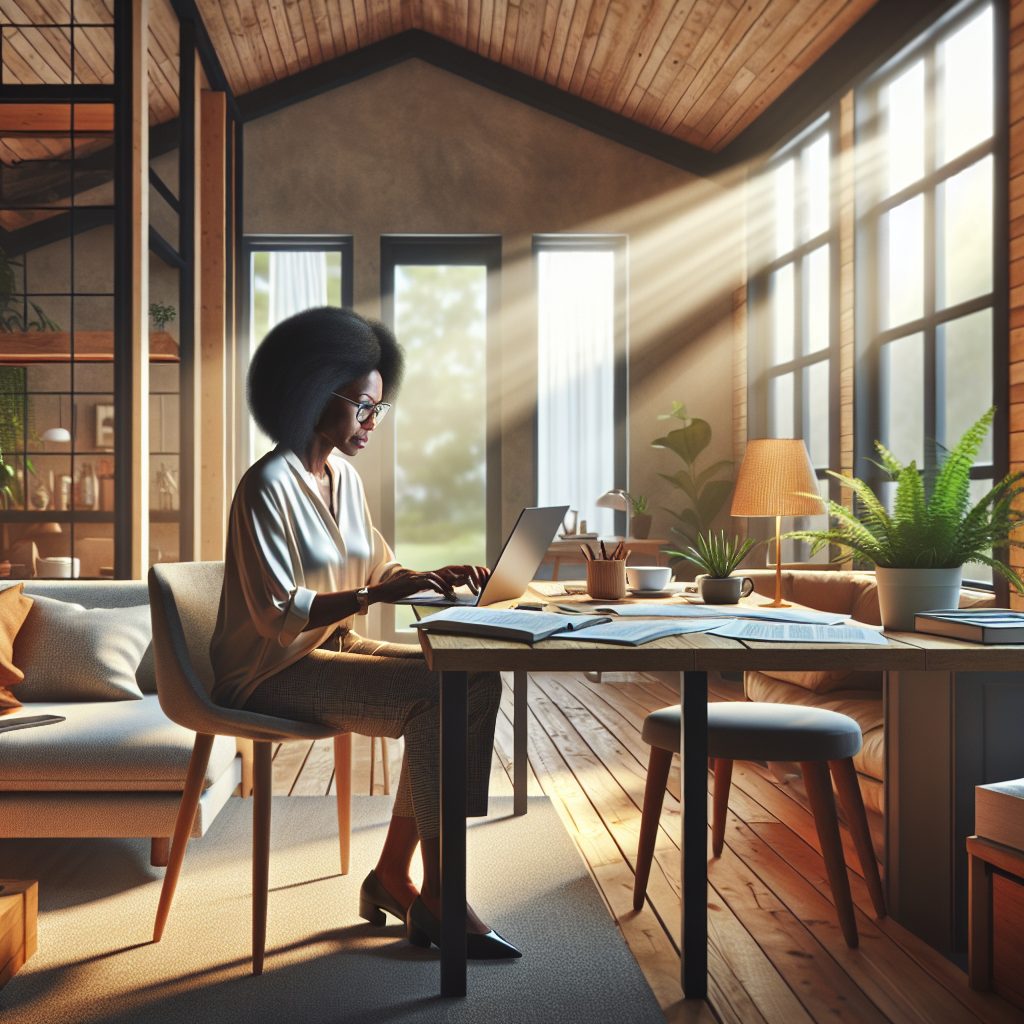 A person working on a laptop at home in a cozy room with a sofa, coffee table, and plants.