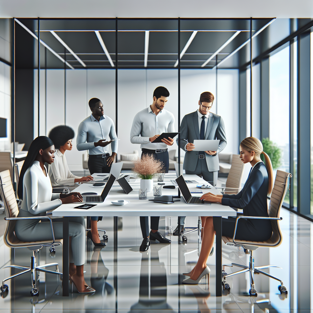 Modern office with professionals collaborating, using laptops and tablets, around a sleek conference table.