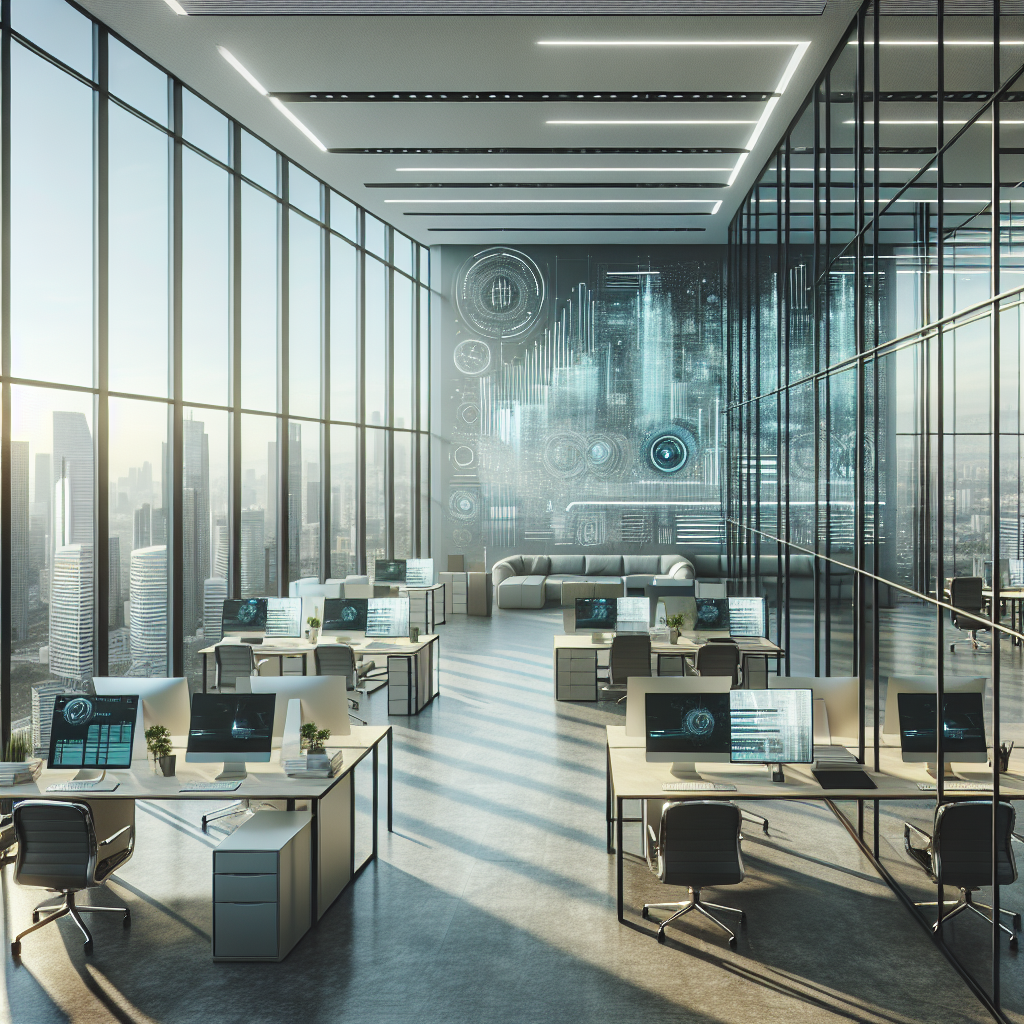 A modern, high-tech business office with large glass windows and cityscape view.