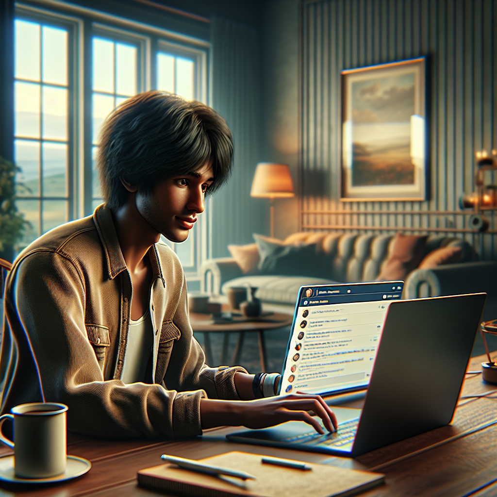 A person using a laptop at home for online chatting to earn money, in a cozy room with natural lighting and warm colors.