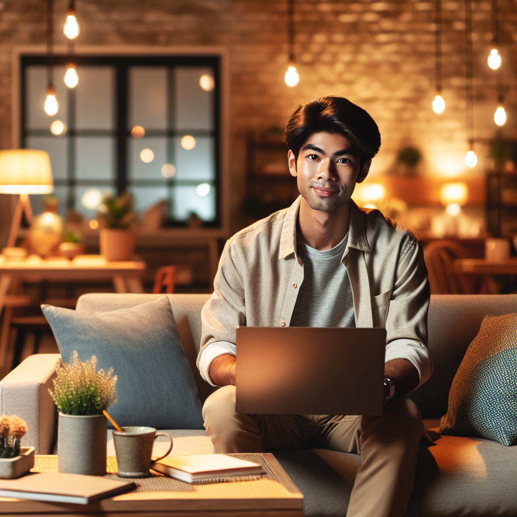 Person chatting online from the comfort of their home, sitting on a sofa with a laptop.